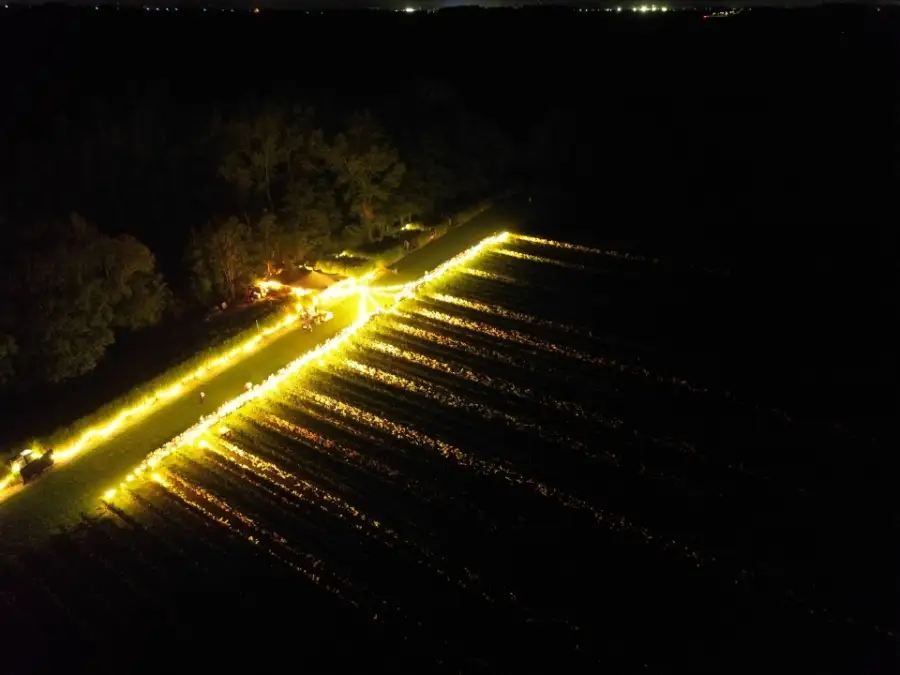 Vue aérienne de nuit d'une longue tablée illuminée en pleine campagne