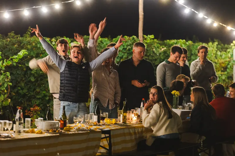 Convives qui lèvent les bras et font la fête autour de la table, sous les guirlandes